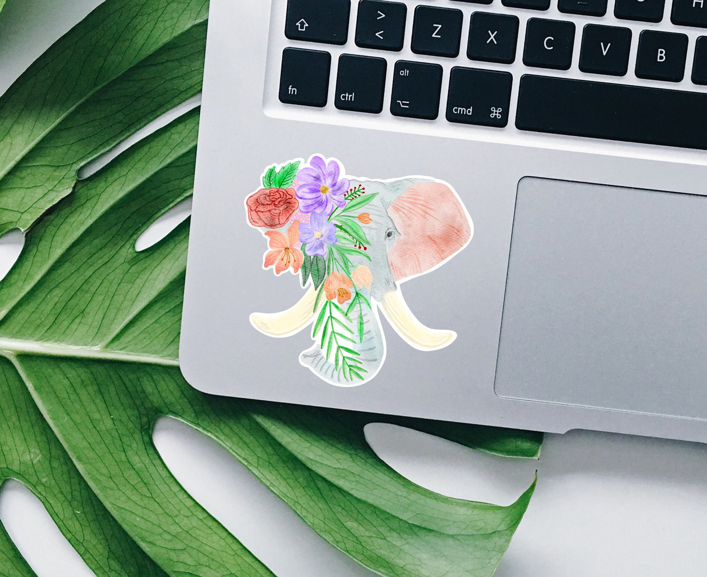 Elephant Wildflower sticker, elephant sticker, floral stickers, waterproof decals, laptop sticker, stickers for water bottle