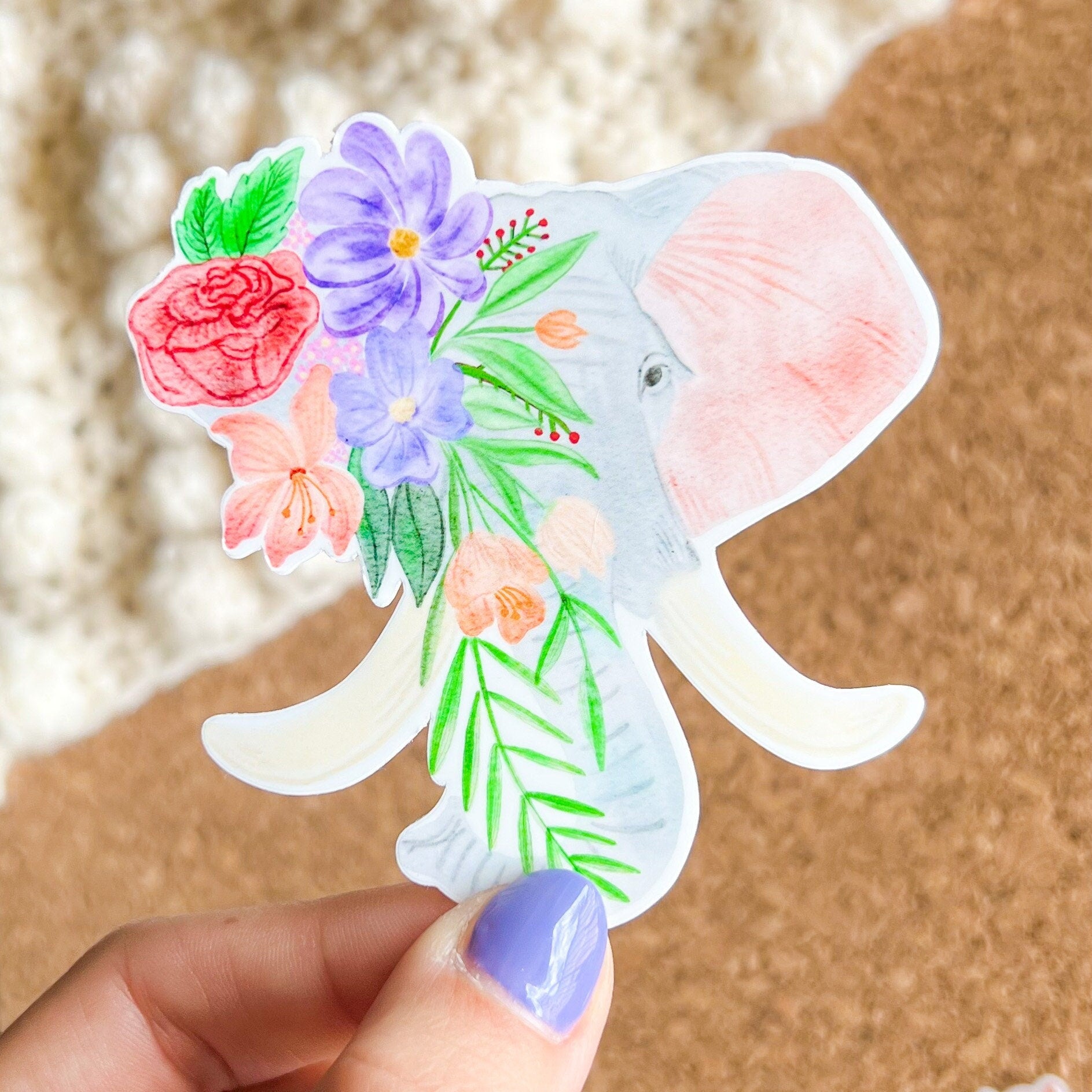 Elephant Wildflower sticker, elephant sticker, floral stickers, waterproof decals, laptop sticker, stickers for water bottle