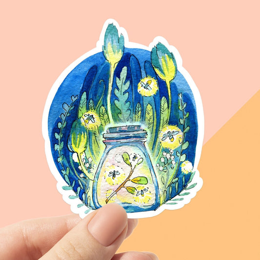 Fireflies sticker, star jar, lightning bugs, plant lover, cute garden, cute vinyl sticker, watercolor art,