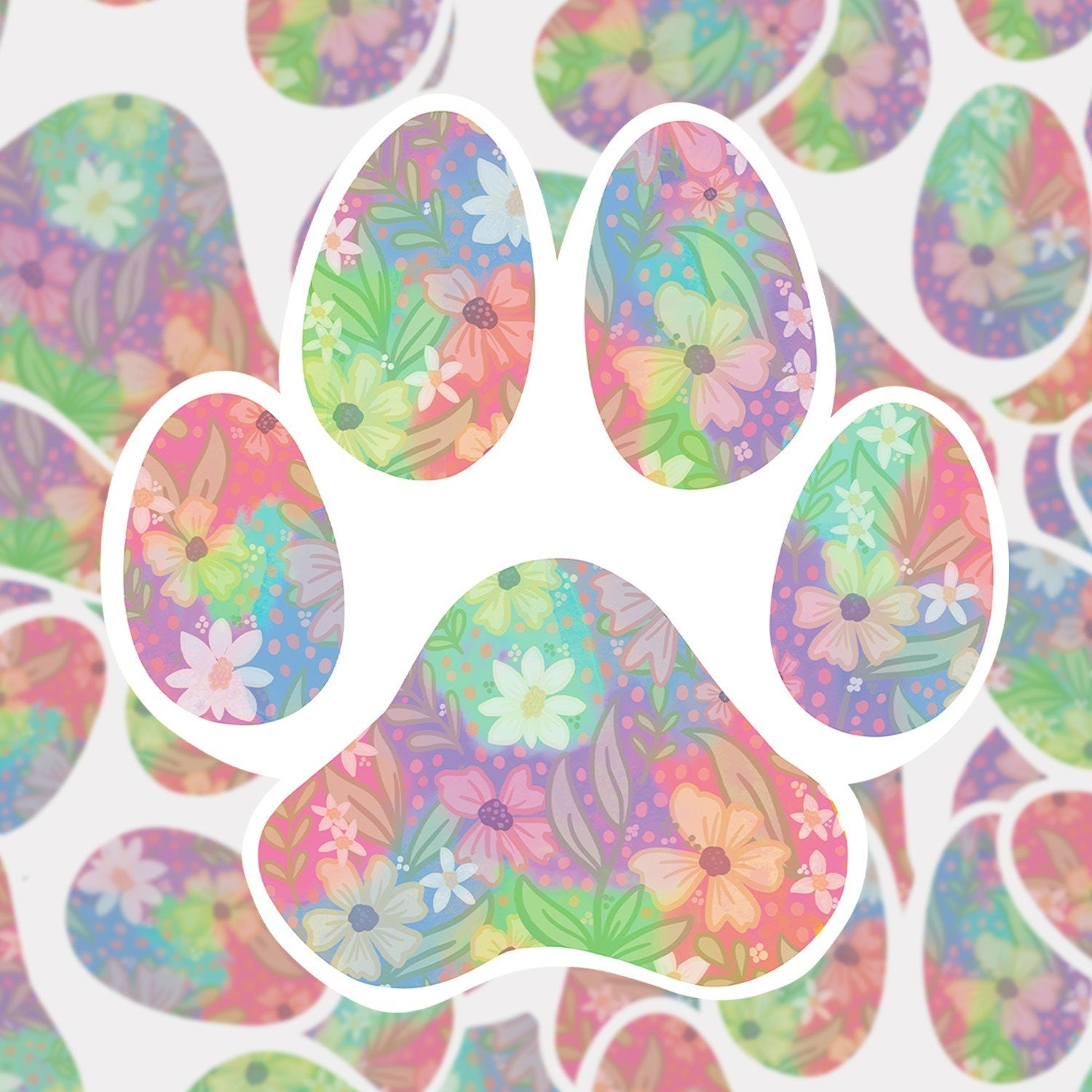 Colorful floral paw print sticker, dog stickers, aesthetic stickers, trendy stickers, vinyl stickers