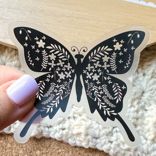 Butterfly Floral Black Clear Sticker, clear stickers, laptop stickers, flower stickers, butterfly png, car decal, pretty gift