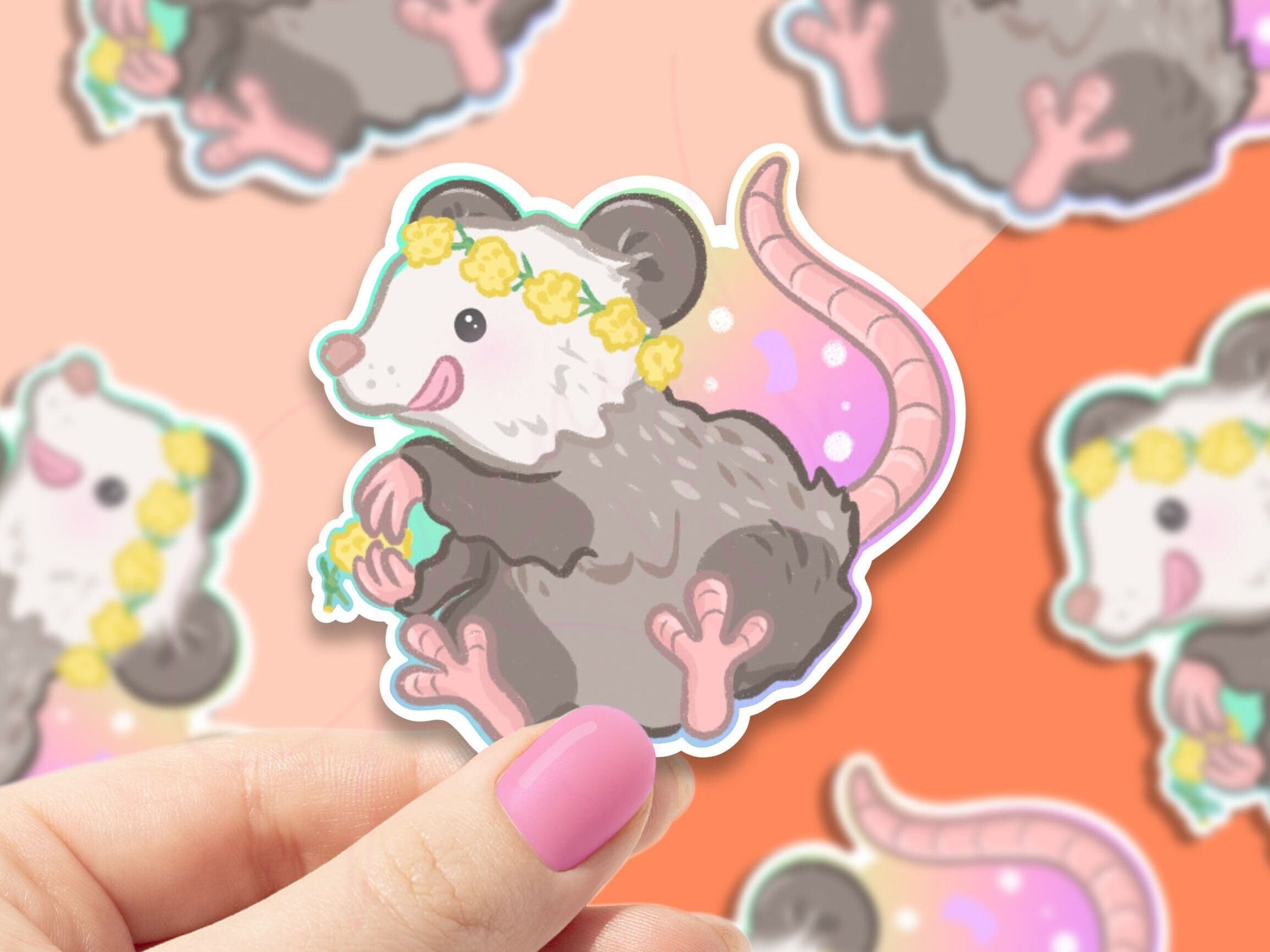 Floral Opossum sticker, stickers, animal stickers, rainbow designs, laptop stickers, water bottle stickers, decorations