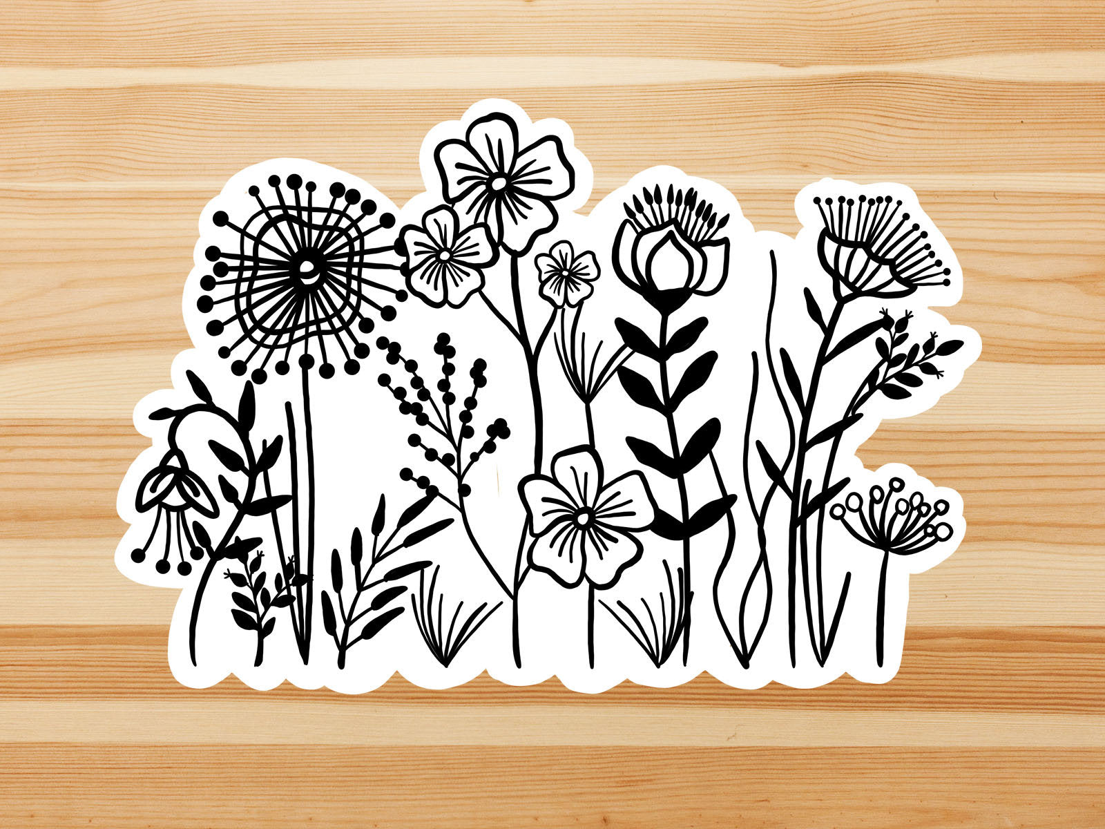 Black and white wildflowers vinyl sticker, Illustrated flower sticker, flower sticker, laptop sticker, waterproof flower sticker