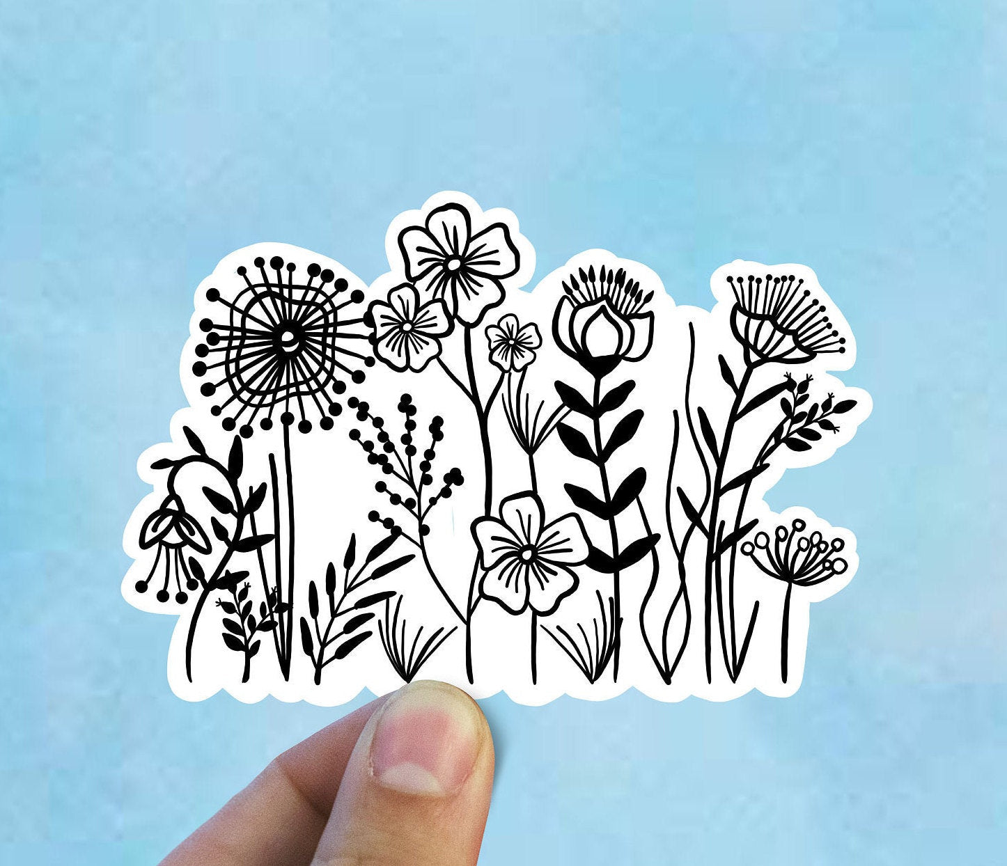 Black and white wildflowers vinyl sticker, Illustrated flower sticker, flower sticker, laptop sticker, waterproof flower sticker