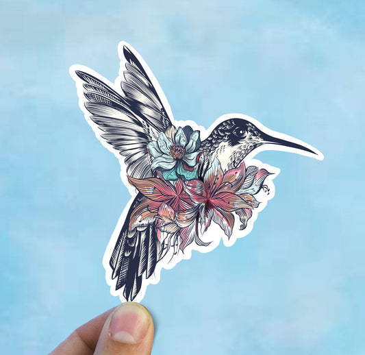 Pink hummingbird flower vinyl sticker, hummingbird , flower sticker, Macbook sticker, laptop sticker, waterproof flower sticker