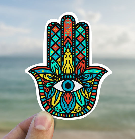 Colorful hamsa hand vinyl sticker, evil eye, best friend gift, laptop sticker, Macbook decal, crystal gift