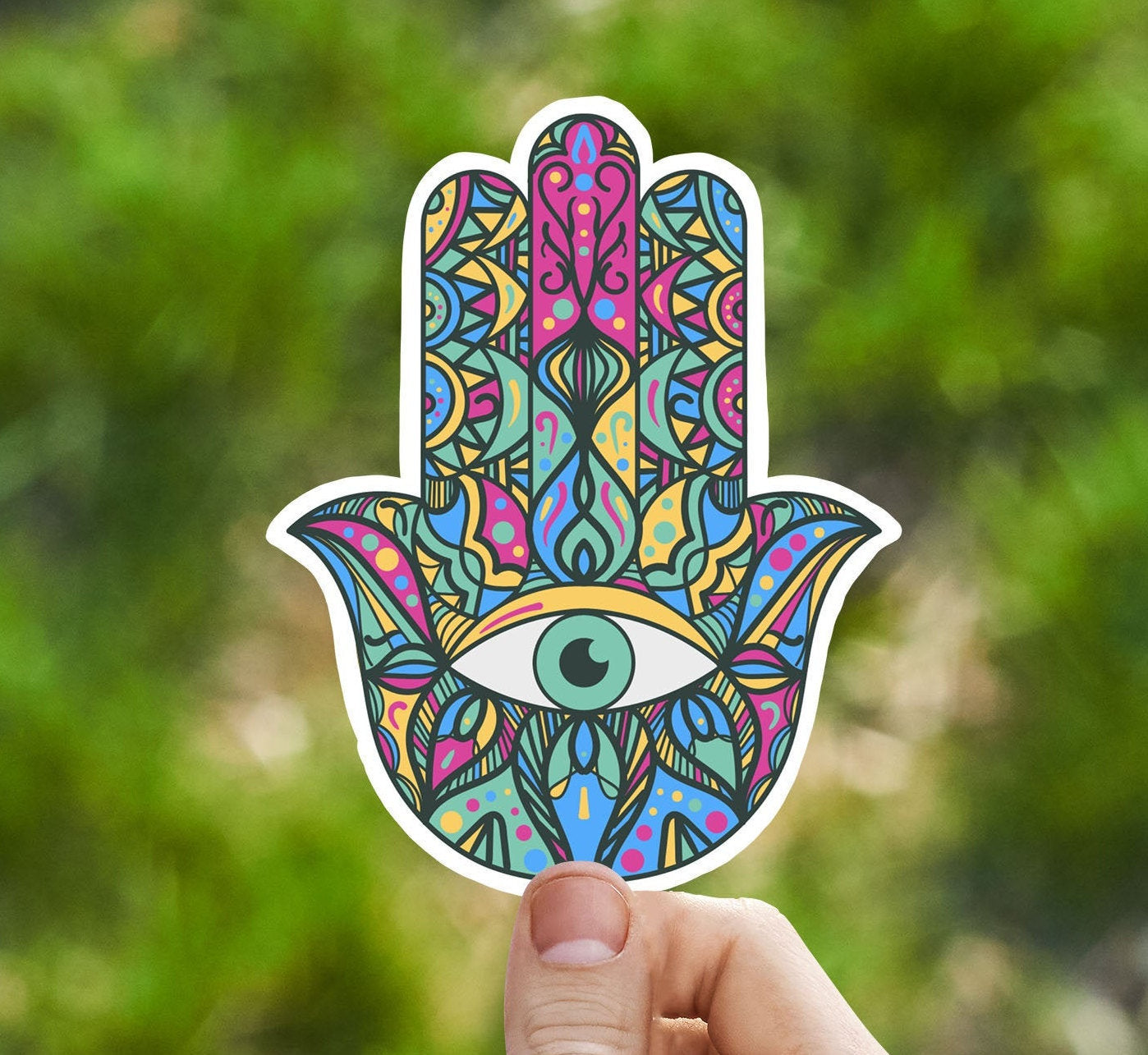 Pastel hamsa hand vinyl sticker, evil eye, best friend gift, laptop sticker, Macbook decal, crystal gift