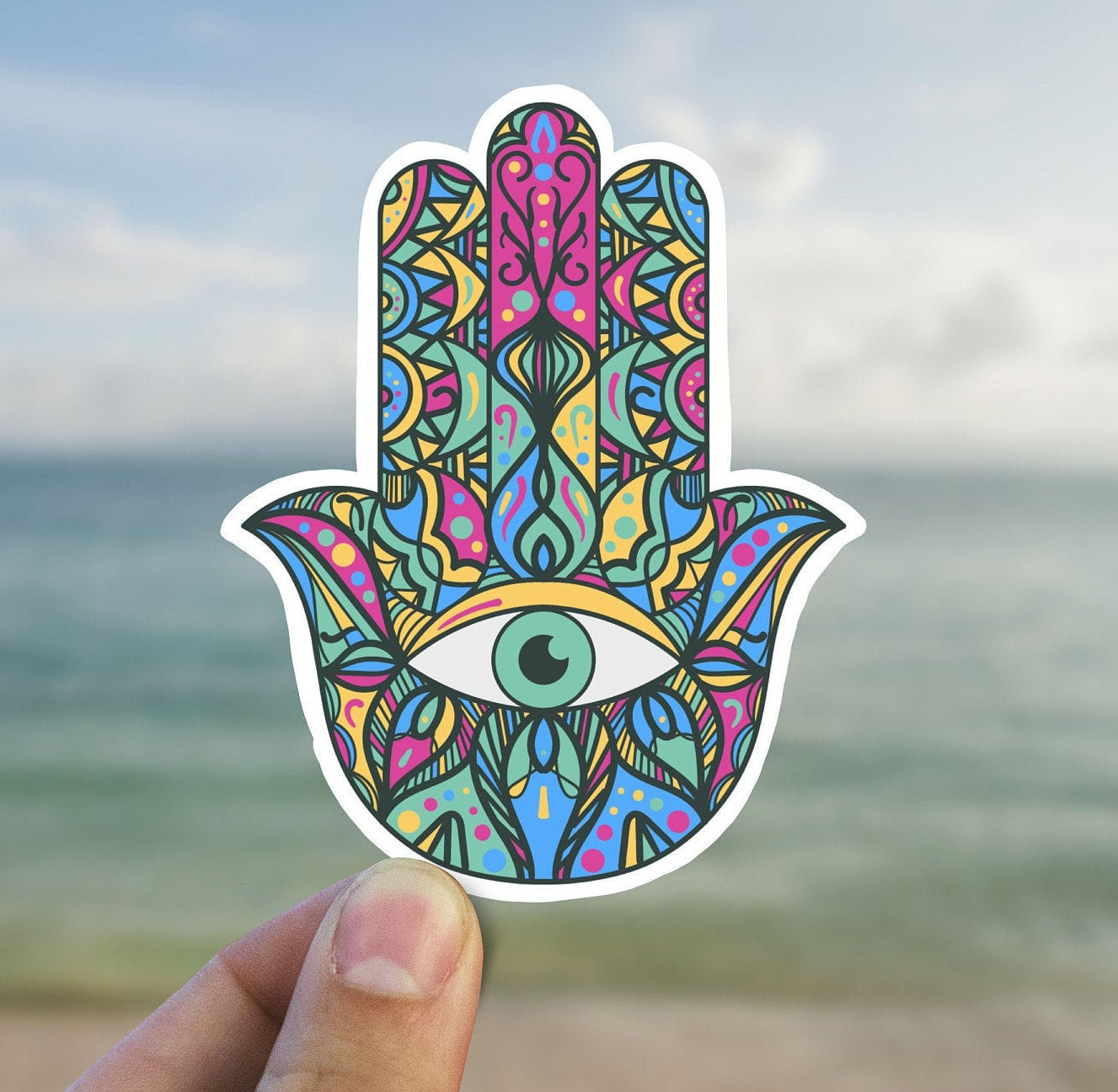 Pastel hamsa hand vinyl sticker, evil eye, best friend gift, laptop sticker, Macbook decal, crystal gift