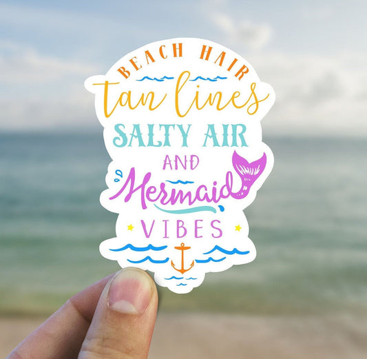 Tan lines salty air and mermaid vibes vinyl Sticker, beach stickers, mermaid stickers, funny stickers, water bottle stickers