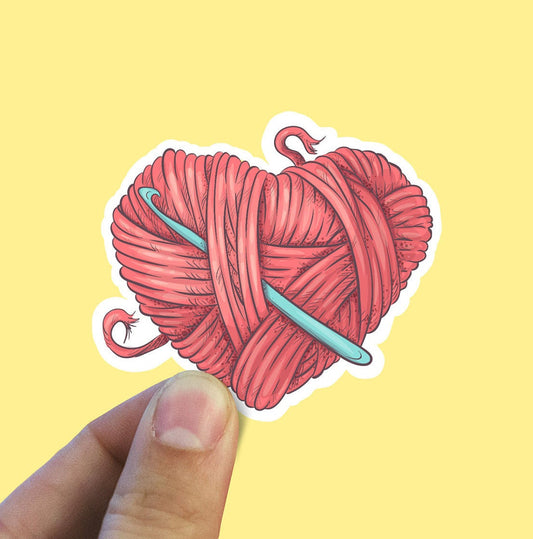 Crochet yarn heart vinyl sticker, crochet, heart stickers, laptop stickers