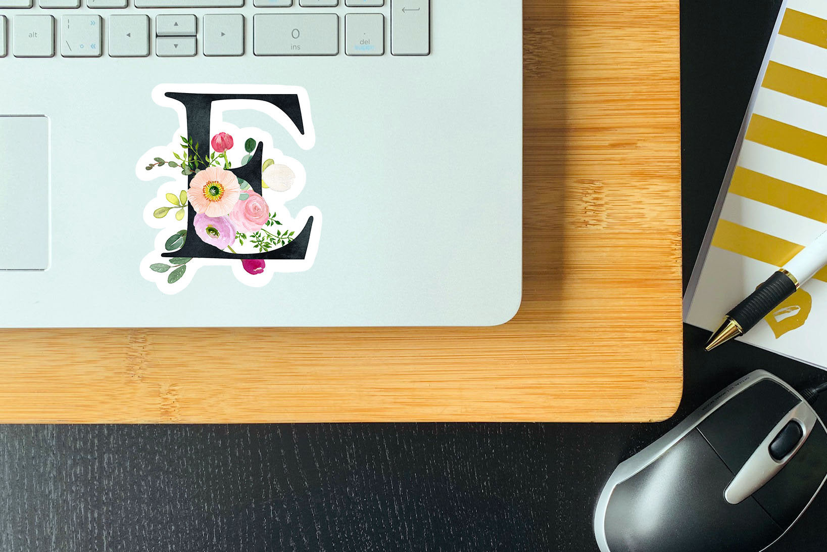 Spring flower letter E vinyl sticker, monogram, best friend gift, Laptop decal, MacBook decal