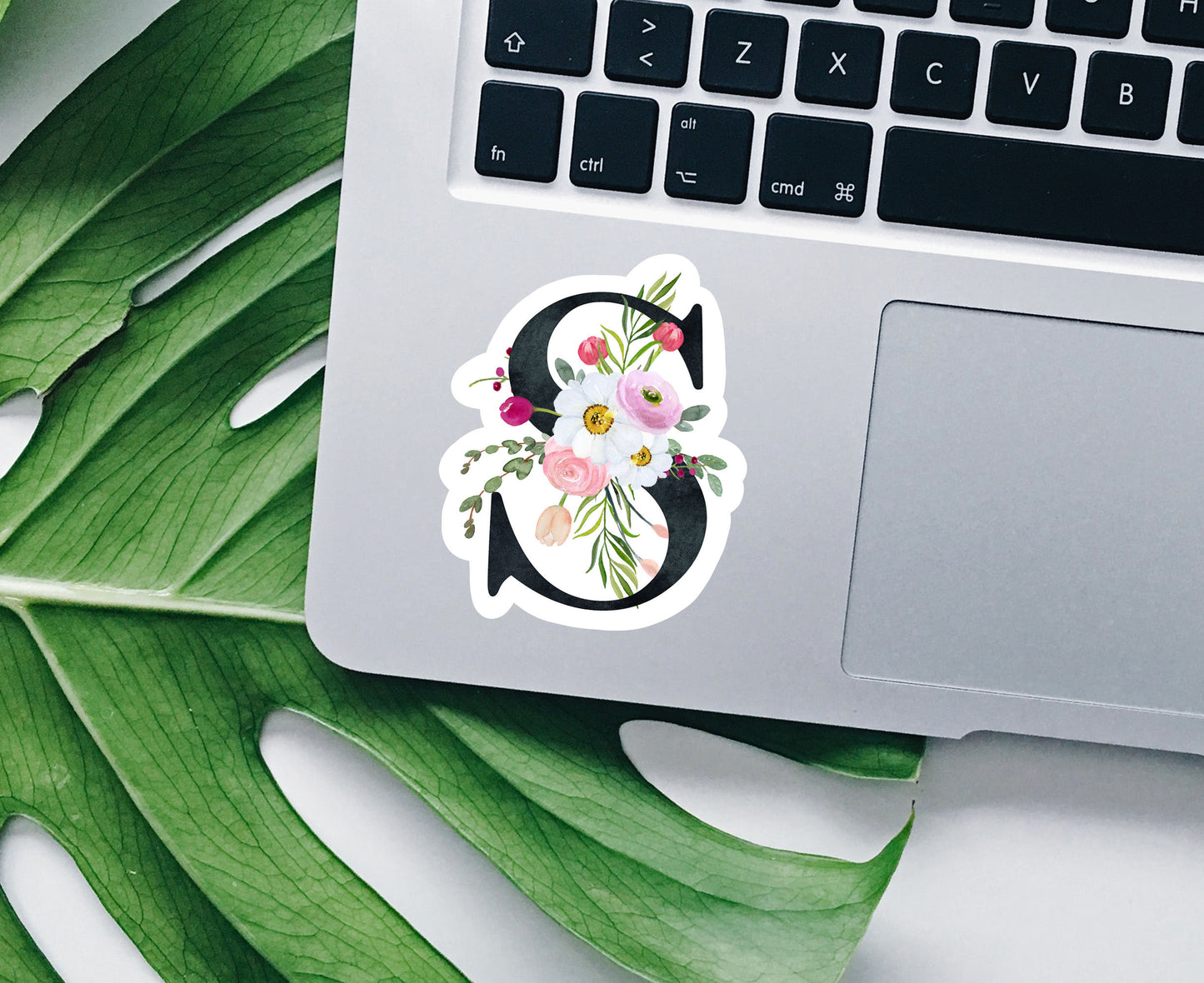 Spring flower letter S vinyl sticker, monogram, best friend gift, Laptop decal, MacBook decal