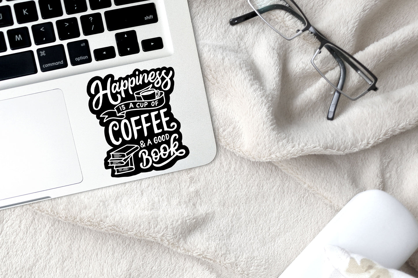 Happiness is coffee and a good book vinyl sticker, coffee sticker,  coffee cup, Macbook sticker, laptop sticker, waterproof sticker