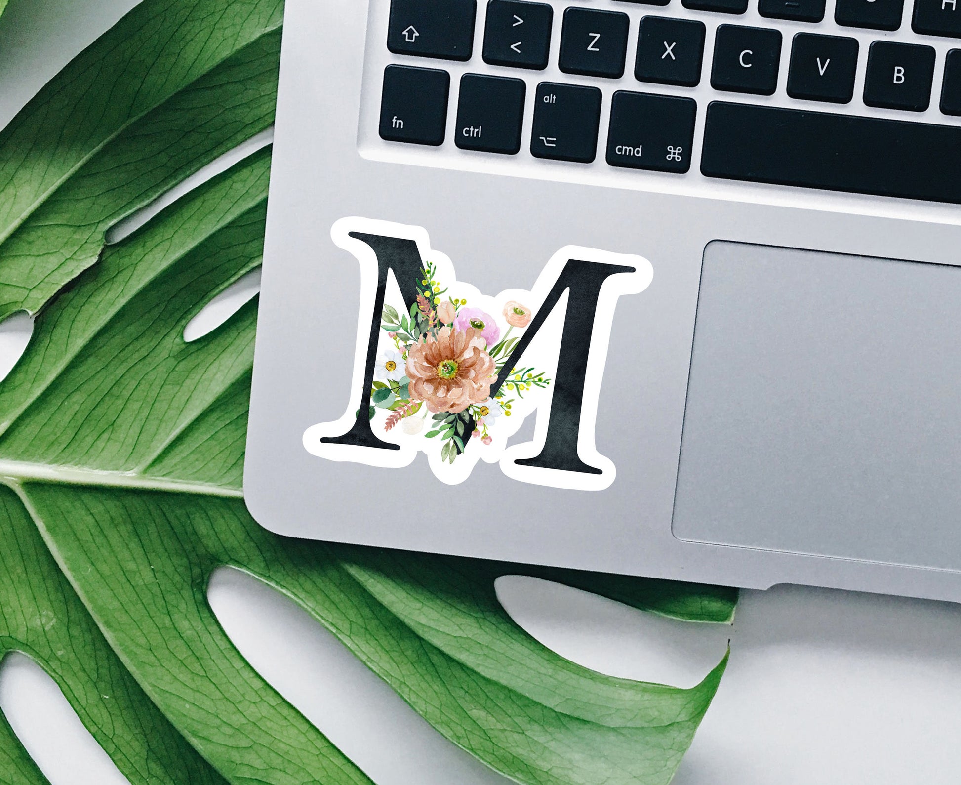 Spring flower letter M vinyl sticker, monogram, best friend gift, Laptop decal, MacBook decal