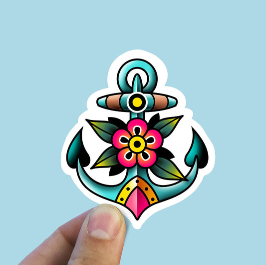 Old school flower anchor vinyl sticker, Best friend gift, fine art, birthday gift, Macbook sticker, laptop sticker