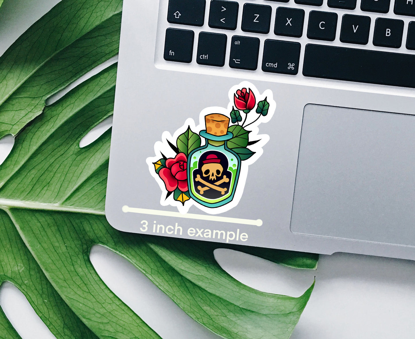 Skull bottle tattoo vinyl sticker, Best friend gift, fine art, birthday gift, Macbook sticker, laptop sticker