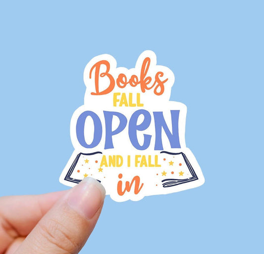 Books fall open vinyl sticker, book lover gift, glossy laptop sticker, book decals,