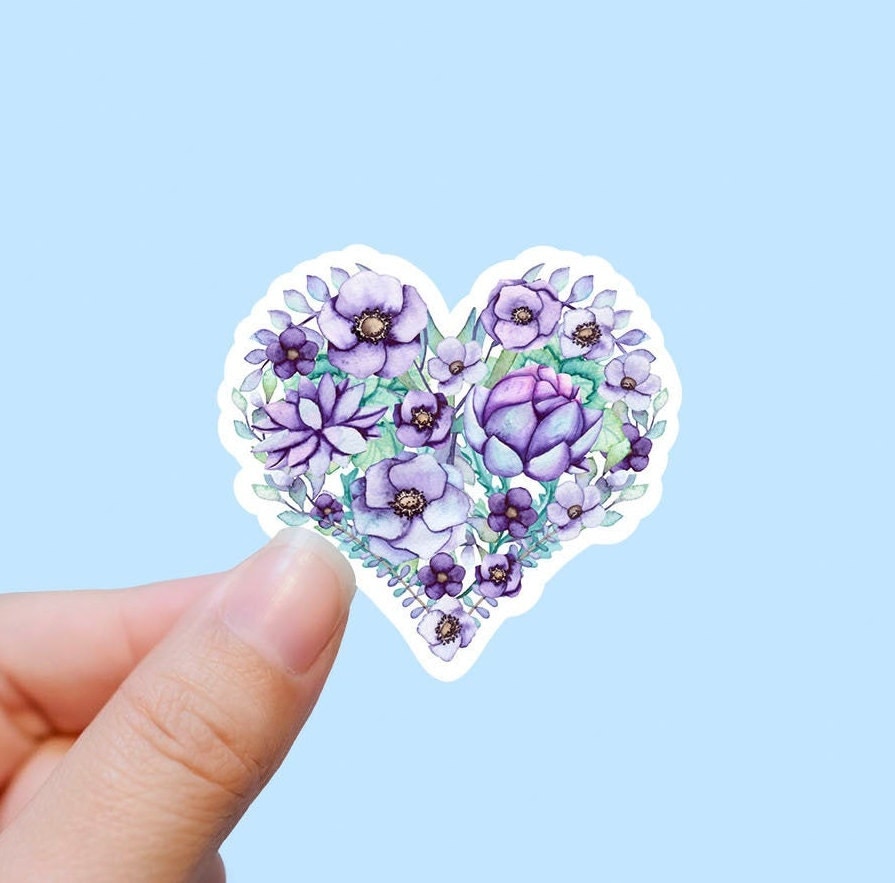 Frosted purple floral heart vinyl sticker, floral stickers, best friend gift, Laptop decals