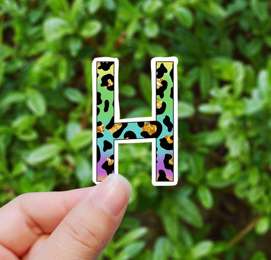 Rainbow cheetah letter H vinyl sticker, monogram, best friend gift, Laptop decal, laptop stickers