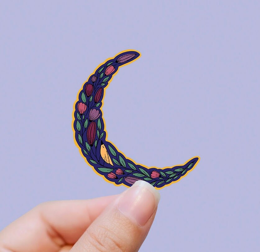 Bird floral moon vinyl sticker, moon stickers, sleeping moon, trendy stickers, vinyl stickers