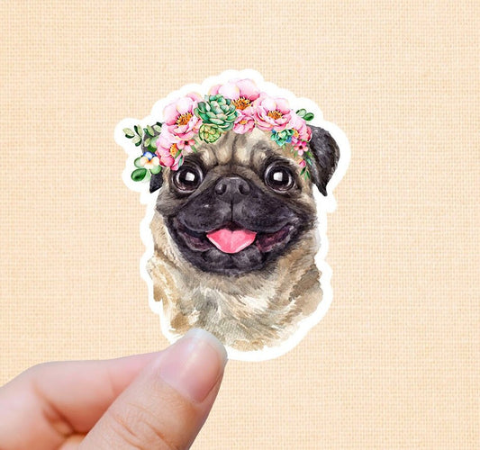 Floral Pug vinyl Sticker, Dog mom, water bottle stickers, , laptop sticker, waterproof sticker