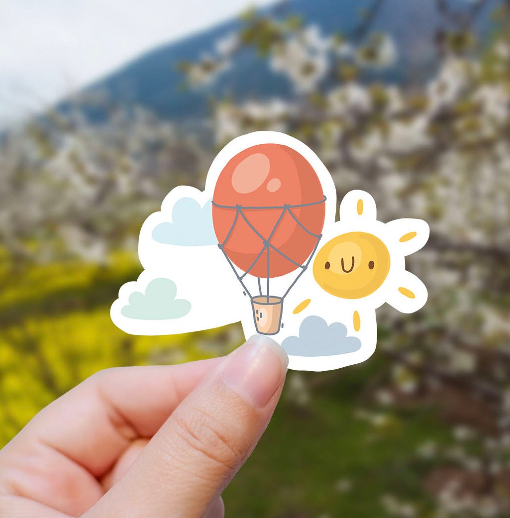 Sunny hot air balloon sticker, camping stickers, mountain stickers, , laptop sticker, waterproof vinyl