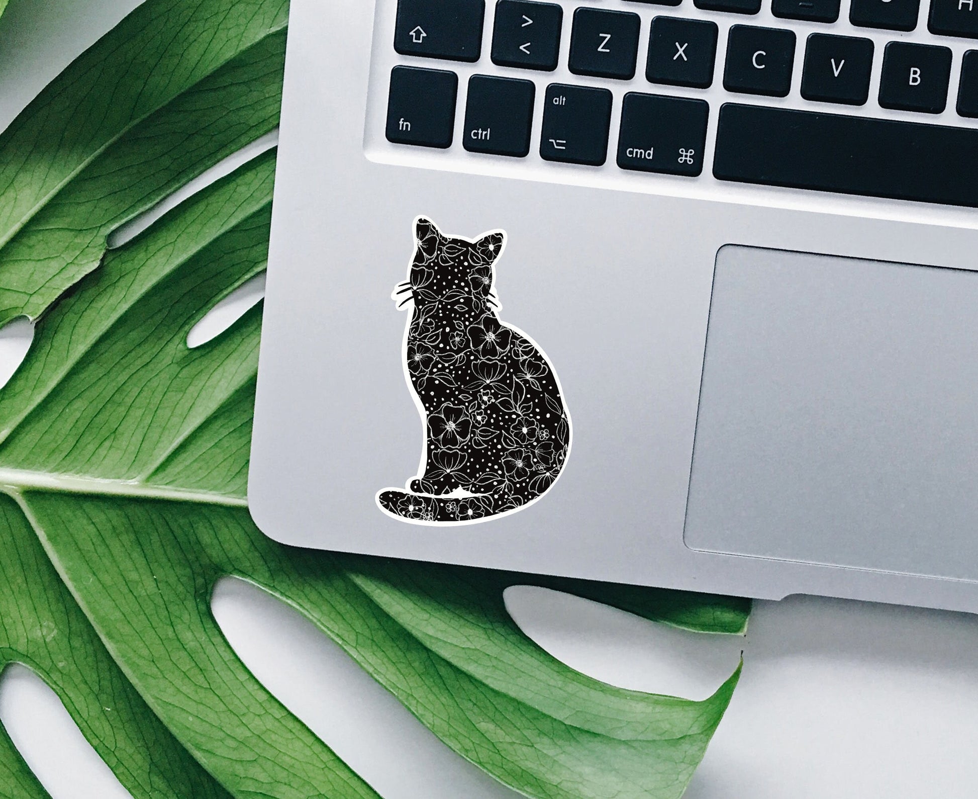 Cat floral black vinyl sticker, cat stickers, aesthetic stickers, trendy stickers, vinyl stickers