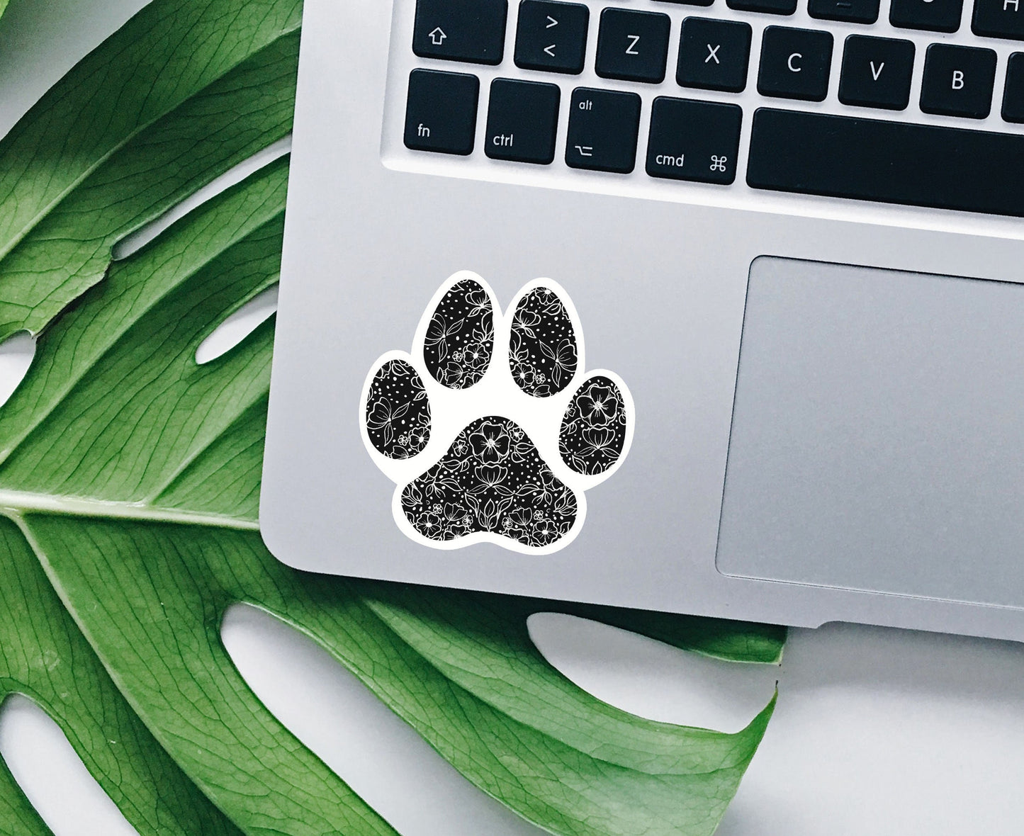 Floral Paw Print Black vinyl sticker, dog stickers, aesthetic stickers, trendy stickers, vinyl stickers